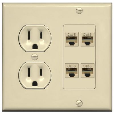 15 Amp Duplex Round Power Outlet 4 Port Cat6 Ethernet Wall Plate [Ivory/Ivory]
