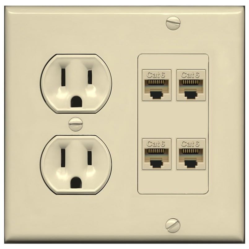 15 Amp Duplex Round Power Outlet 4 Port Cat6 Ethernet Wall Plate [Ivory/Ivory]