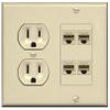 15 Amp Duplex Round Power Outlet 4 Port Cat6 Ethernet Wall Plate [Ivory/Ivory]