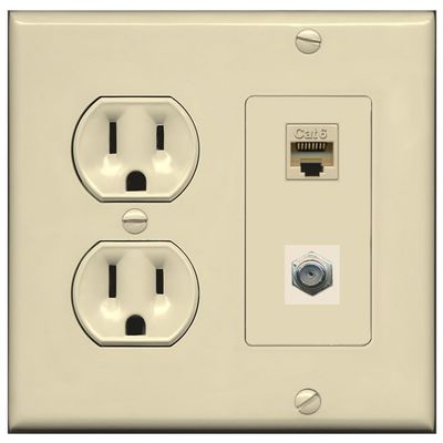 15 Amp Round Power Outlet 1 Port Cat6 Ethernet 1 Coax Cable-TV F-Type Wall Plate [Ivory/Ivory]