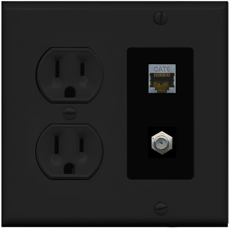 15 Amp Round Power Outlet 1 Port Cat6 Shielded 1 Coax Cable TV F-Type Wall Plate [Black/Black]