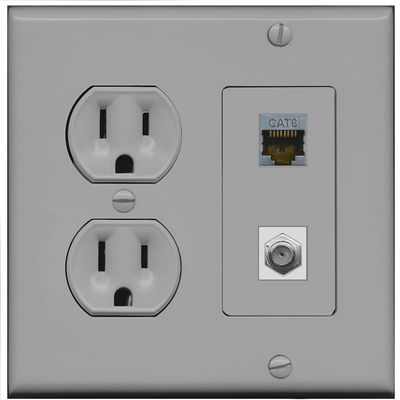 15 Amp Round Power Outlet 1 Port Cat6 Shielded 1 Coax Cable TV F-Type Wall Plate [Gray/Gray]