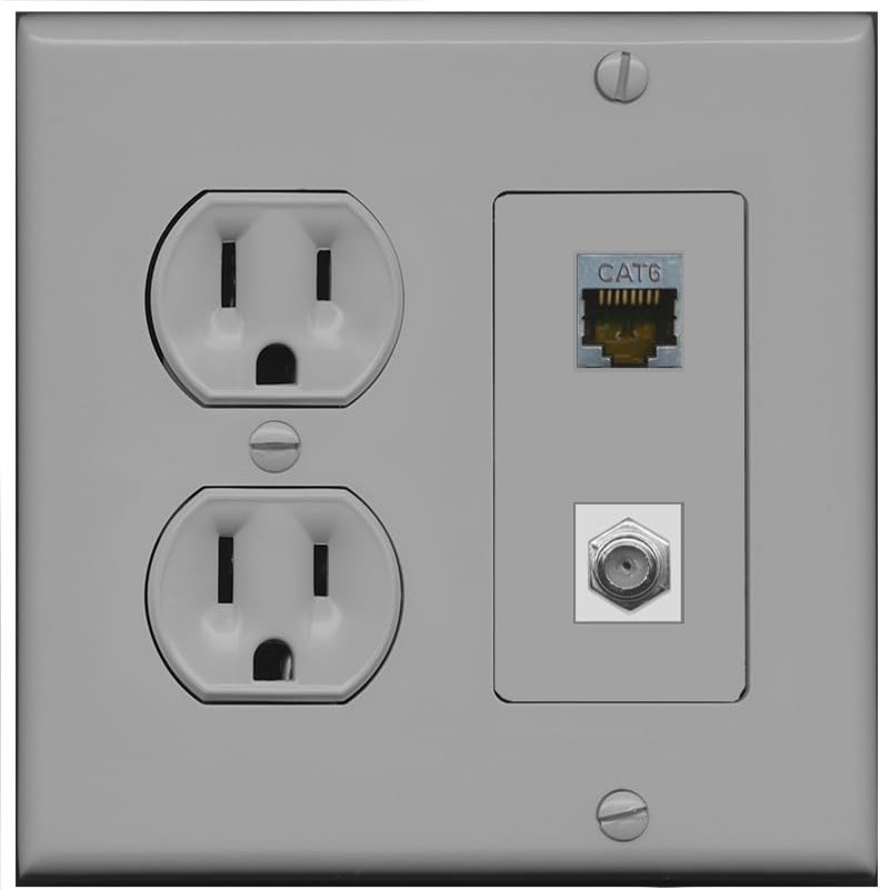 15 Amp Round Power Outlet 1 Port Cat6 Shielded 1 Coax Cable TV F-Type Wall Plate [Gray/Gray]