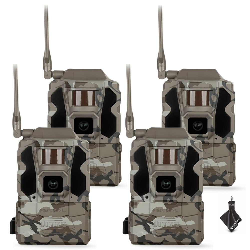 TACTACAM Reveal Ultra Cellular Trail Camera 4K Photo, 1080P Video, Live Streaming, GPS, Low-Glow/No-Glow Flash, LTE + Cleaning Cloth | (4PK)