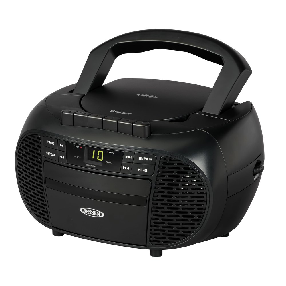JENSEN CD-550BT-BK Portable Stereo Bluetooth CD Cassette Recorder with AM/FM Radio Compact Bluetooth-Enabled Radio Player with Handle Black