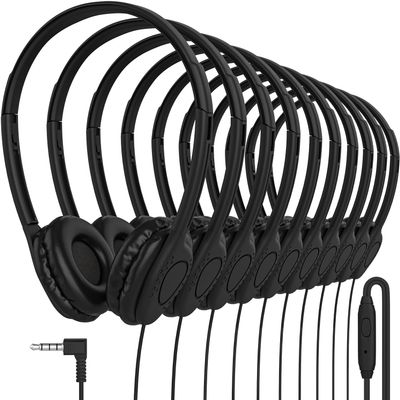 Maeline Black Wired Headphones with Microphone, Bulk 40 Pack On-Ear Headsets with 3.5mm Jack  Leatherette Cushions, Adjustable, Stackable, Ideal for Classrooms, Offices, Remote Work, Testing