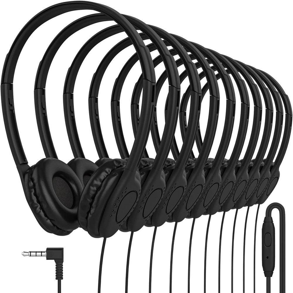 Maeline Black Wired Headphones with Microphone, Bulk 40 Pack On-Ear Headsets with 3.5mm Jack Leatherette Cushions, Adjustable, Stackable, Ideal for Classrooms, Offices, Remote Work, Testing