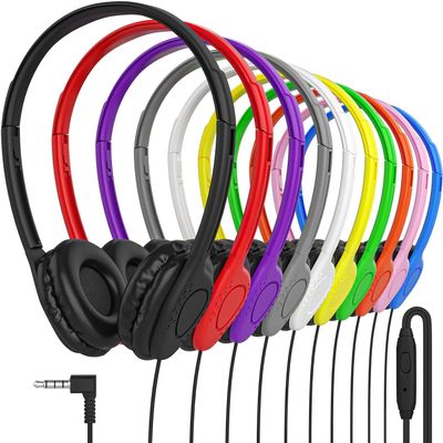 Maeline Bulk Headphones with Microphone, 50 Pack Multicolor Wired On-Ear Headsets  3.5mm Jack, Leatherette Cushions, Adjustable Headband  for Classrooms, Libraries, Remote Learning, Office
