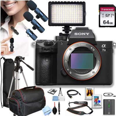 Sony A7 III Mirrorless Camera(Body Only) + 64GB Memory,Wireless Lavalier Microphones, 126 LED Light, and More (22pc Bundle) (Renewed)