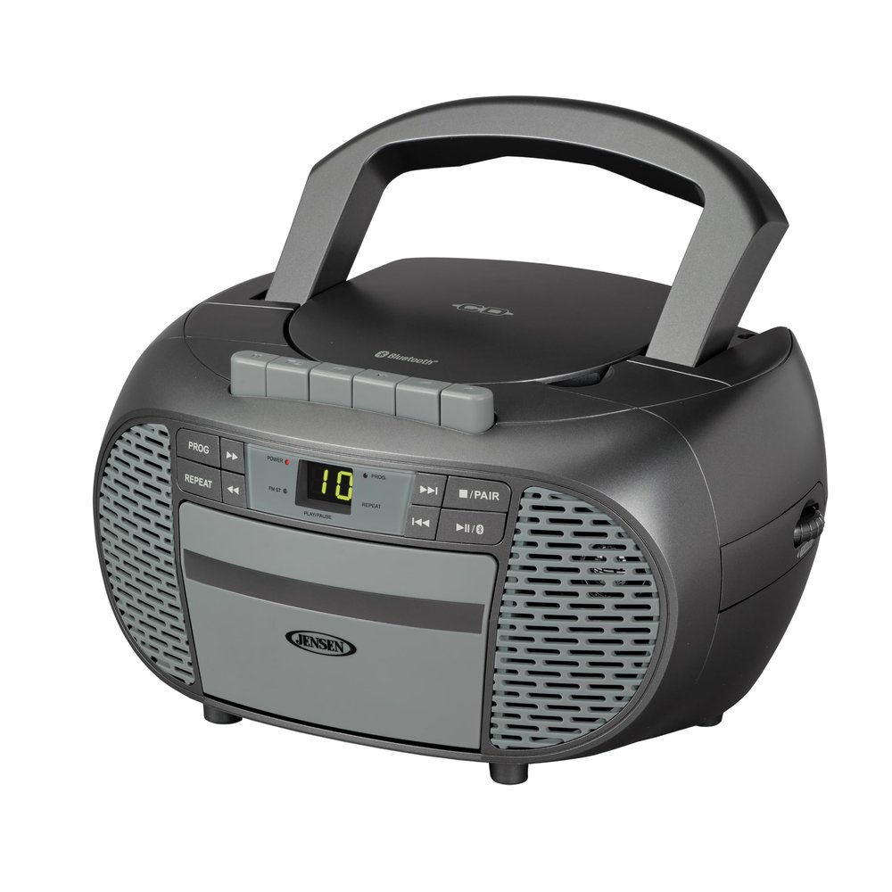 JENSEN CD-550BT-GR Portable Stereo Bluetooth CD Cassette Recorder with AM/FM Radio Compact Bluetooth-Enabled Radio Player with Handle Gray