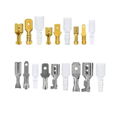 100Pcs/lot Electric Wire Connectors Set 2.8/4.8/6.3mm Female and Male Crimp Terminal Connector Gold Brass/Silver Car Spaker(6.3mm 100PCS,Gold)