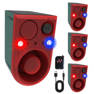 QXMH Solar Outdoor Motion Sensor Alarm-Dog Barking&Gunshot Sound, 130db Motion Detector Alarm Light,with Remote Controller,13 Kinds of Sound Red&Blue Strobe Light with USB ( Volume /130dB 4PCS)