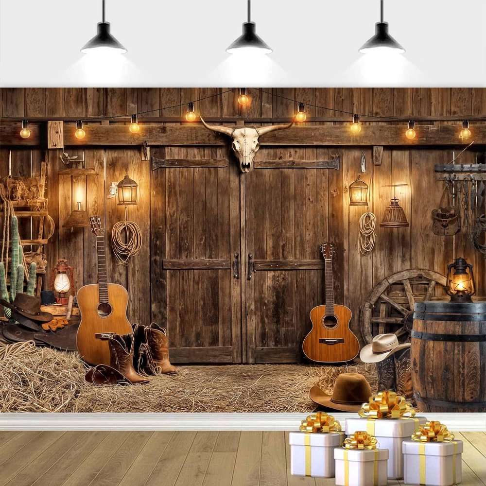 10X10ft Western Cowboy Backdrop Rustic Wood Backdrop, Wood Barn Door Photography Background Western Party Decorations Birthday Party Baby Shower Decor Banner Photo Booth Props, Brown-3