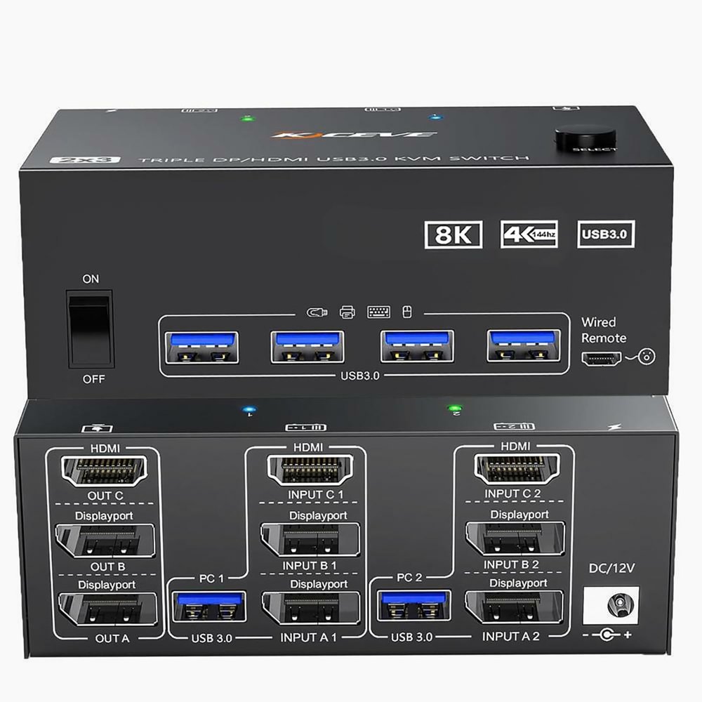 HDMI+2 DisplayPort KVM Switch 3 Monitors 2 Computers 8K@60Hz 4K@144Hz, Triple Monitor KVM Switch with 4 USB3.0 Port for Keyboard Mouse Printer, 1*HDMI+2*DP+2*USB Cables and Wired Controller Included