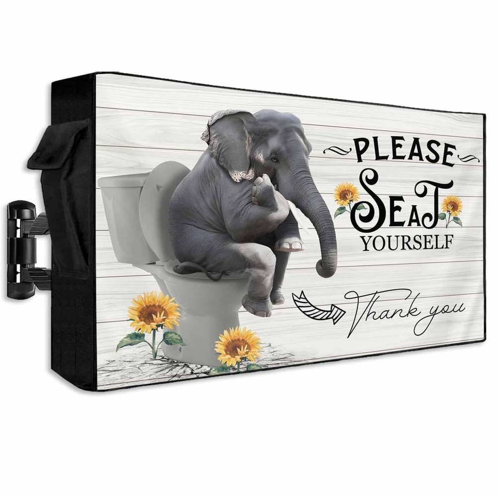 Outdoor TV Cover Please Seat Yourself Weatherproof Waterproof Outside TV Protector with Zipper, Funny Elephant on Toilet Wood Board Smart Television Screen Cover for 70 to 75 inch Screens