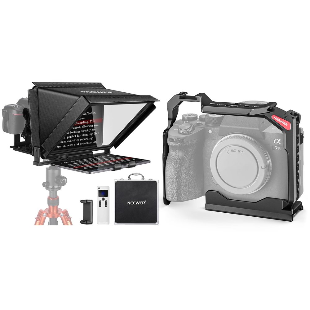 NEEWER X12 14 inch Aluminum Alloy Teleprompter for iPad Tablet Smartphone DSLR Cameras with Remote Control, Carry Case, Full Camera Cage Compatible with Sony a7R V/a7R IV/a7 IV/a7S III/a1 Included