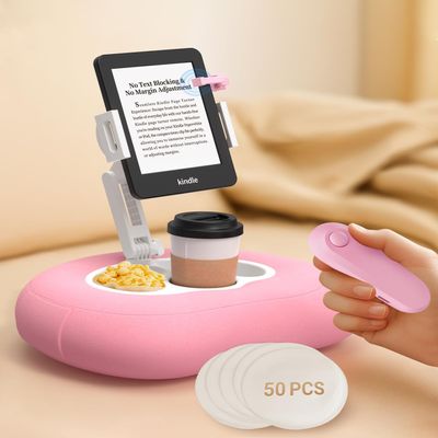Bongogoo Kindle Pillow Stand with Remote Page Turner Bundle,Kindle Holder & Stand for Bed, 6 mm No-Text-Blocking Clip, Whisper-Quiet, Washable Cover, 2 Snack Bowls + 50 Liners, Fits 410.5