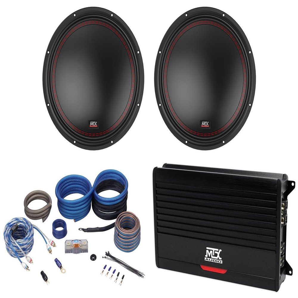 Audiosavings Bundle: (2) 5512-44 12" 800 Watt Peak DVC 4-ohm Car Audio Subwoofer Sub Bundle with THUNDER1000.1 1000W Class D Car Amplifier & Rockville RWK4CU Amp Installation Wire Kit (4 Items)