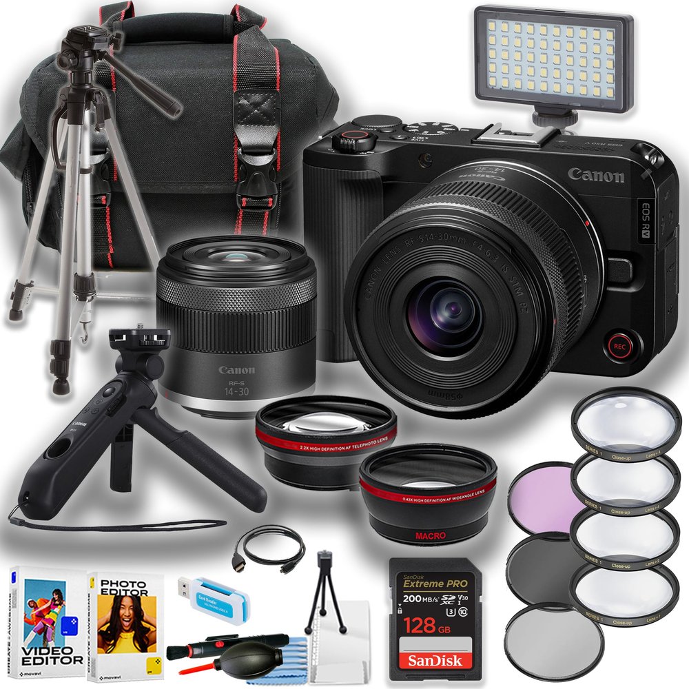 Canon EOS R50V Mirrorless Camera with 14-30mm Lens + Canon HG-100TBR Tripod Grip + Sandisk 128GB Extreme Pro Memory Card + More (18pc Bundle) (Renewed)