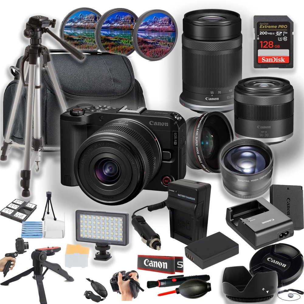 Canon EOS R50V Mirrorless Camera with 14-30mm and 55-210mm Lens + Sandisk 128GB Extreme Pro Memory Card + LED Video Light + More (24pc Bundle) (Renewed)