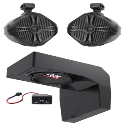 Audiosavings Bundle: MTX 10" 500w Powered Under-Seat Subwoofer+Enclosure for 2014-17 Polaris Ranger Bundle with Pair Rockville RWB90B 8" Marine Wakeboard 360-degree Swivel Tower Speakers (2 Items)