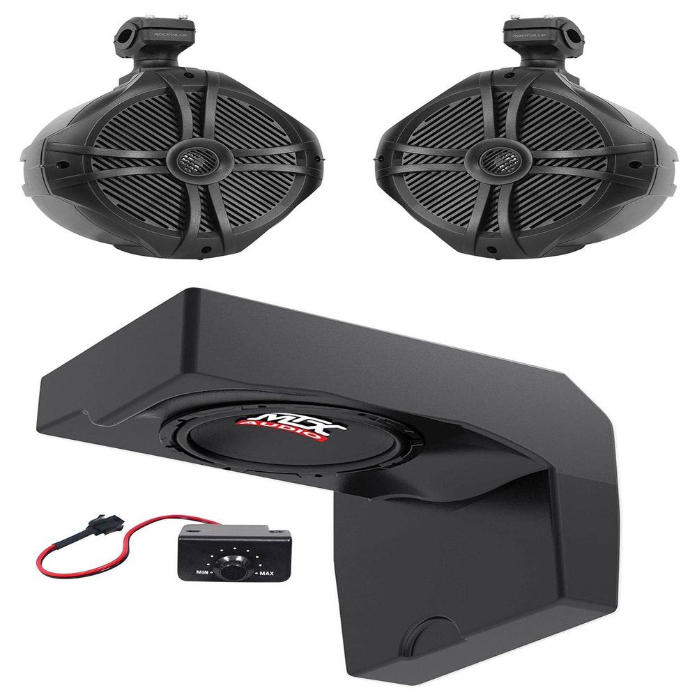 Audiosavings Bundle: MTX 10" 500w Powered Under-Seat Subwoofer+Enclosure for 2014-17 Polaris Ranger Bundle with Pair Rockville RWB90B 8" Marine Wakeboard 360-degree Swivel Tower Speakers (2 Items)