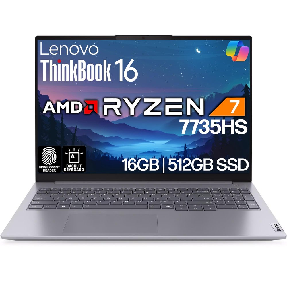 Lenovo ThinkBook 16 G7 Business Laptop, 16 FHD+, AMD Ryzen 7 7735HS, 16GB DDR5, 512GB NVMe, WiFi 6E + BT, Backlit KB, Fingerprint Reader, HD Webcam, Win 11 Pro