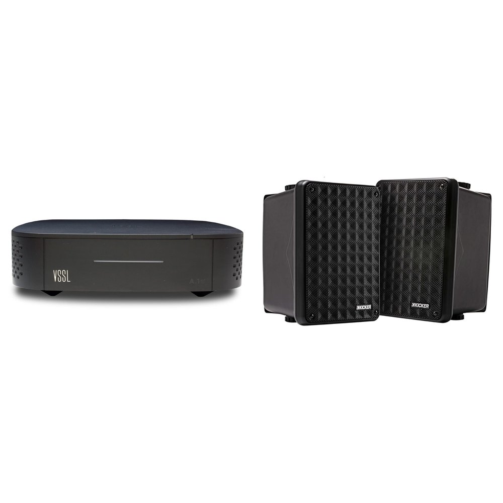 Kicker KB6B 2-Way Full Range Indoor Outdoor Speakers Weatherproof Speakers (Black Finish)(Pair) w/A.1x 2-Channel Audio Streaming Amplifier, Compatible with AirPlay 2, Chromecast, Amazon Alexa,