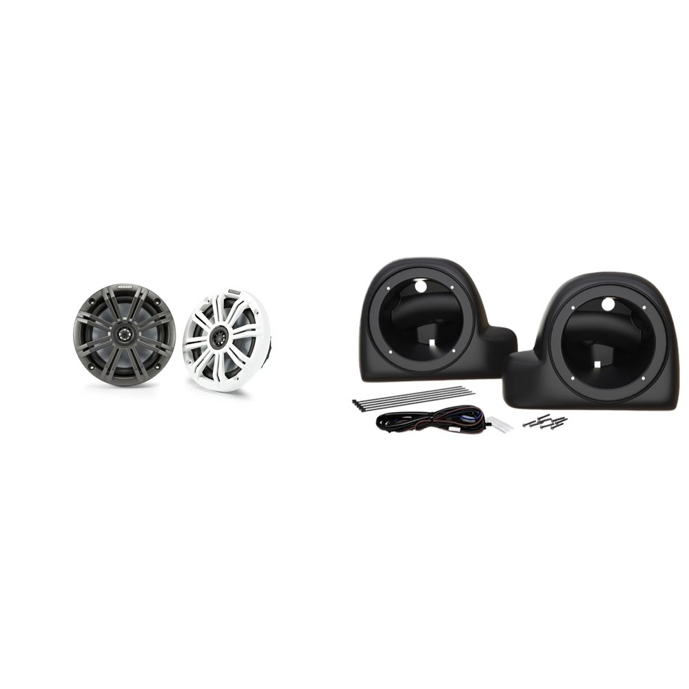 Kicker 6.5" Marine Speakers w/Lower Fairing Speaker Pod Adaptors for 2014-Up Harley Davidson Touring Model Motorcycles with OEM Or Aftermarket Air-Cooled Lowers
