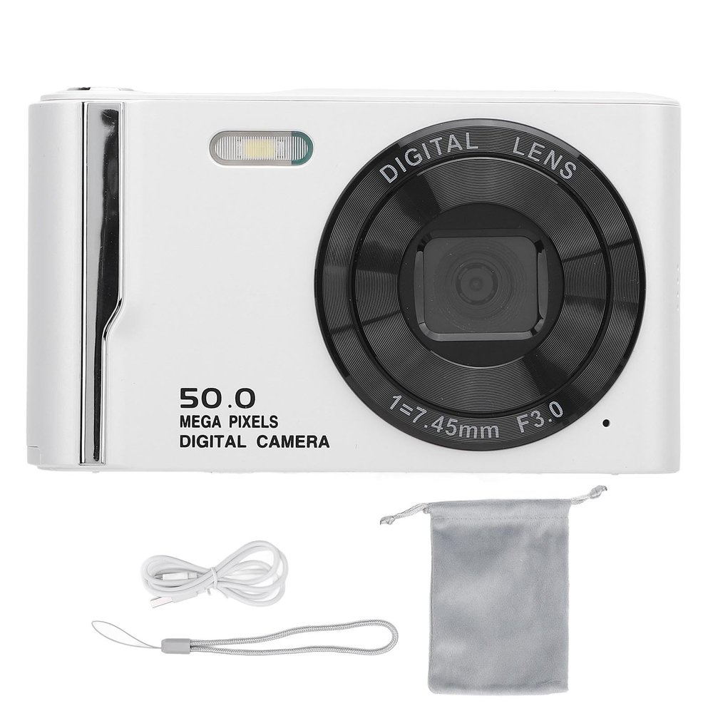 4K 50MP Digital Camera with 16x Digital Zoom, 2.8 Inch LCD Screen, Anti Shake, Autofocus, Retro Compact Design, Built in Flash for Travel Photography (White)