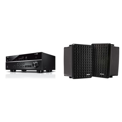 KICKER RX-V385 5.1 Channel 4K AV Receiver w KB6B 2-Way Full Range Indoor Outdoor Speakers (Pair) Weatherproof Speakers for Patio Garage Poolside in-Home (Black Finish)