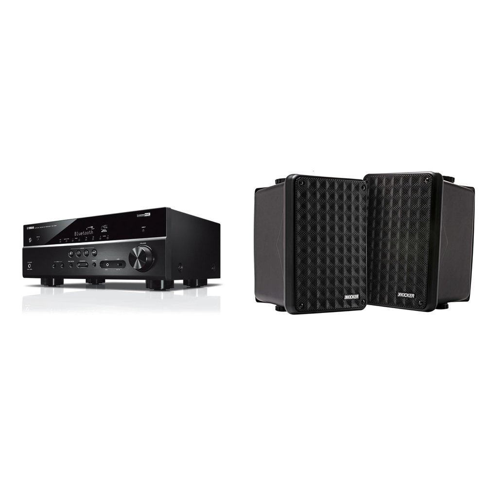 KICKER RX-V385 5.1 Channel 4K AV Receiver w KB6B 2-Way Full Range Indoor Outdoor Speakers (Pair) Weatherproof Speakers for Patio Garage Poolside in-Home (Black Finish)