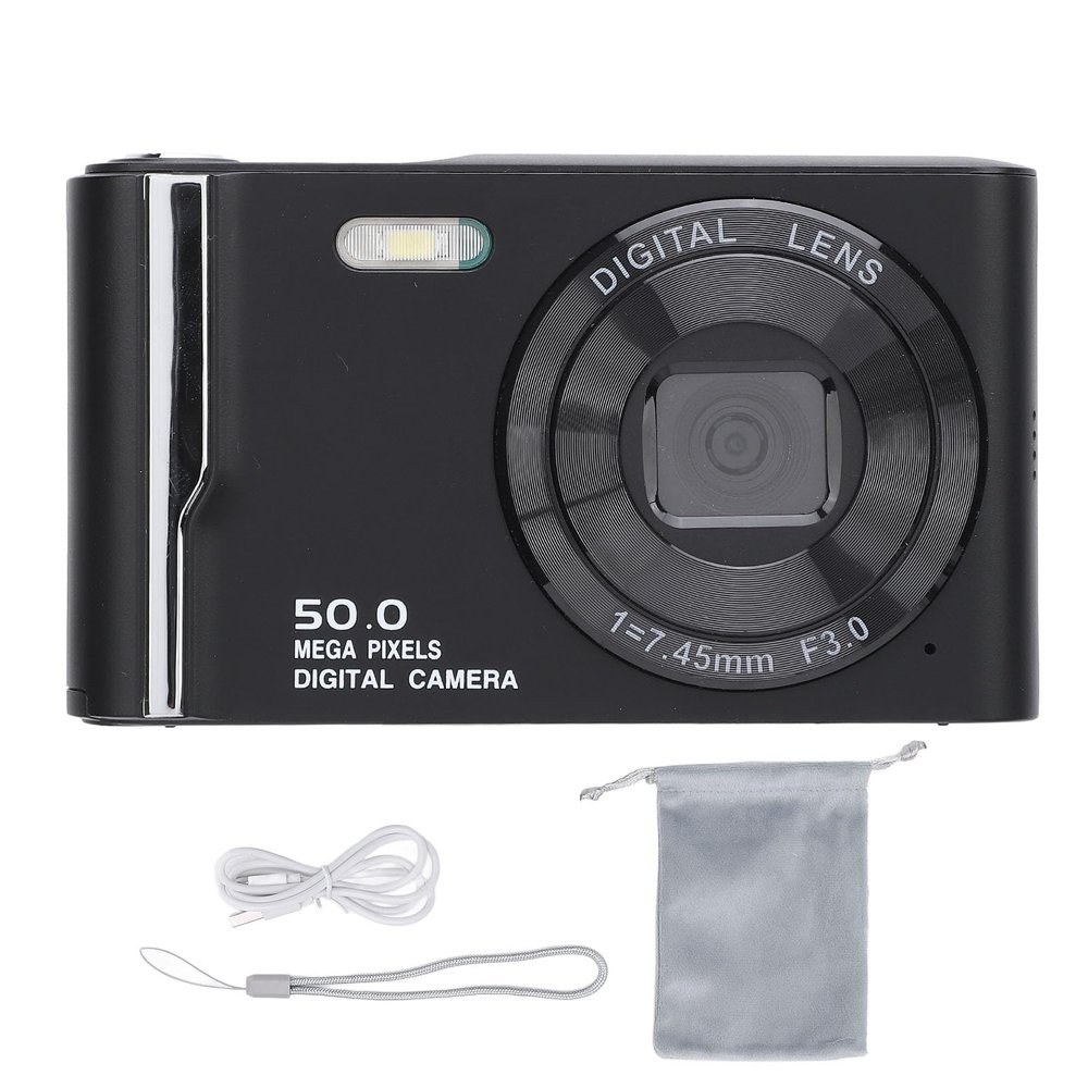 4K 50MP Digital Camera with 16x Digital Zoom, 2.8 Inch LCD Screen, Anti Shake, Autofocus, Retro Compact Design, Built in Flash for Travel Photography (Black)
