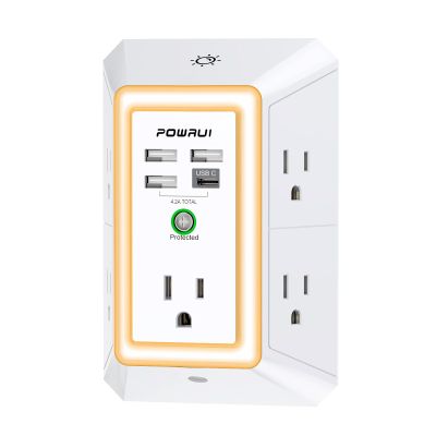 3-Sided Outlet Extender with Night Light - POWRUI Multi Plug Outlet with 5 Outlets and 4 USB Ports(1 USB-C), USB Wall Charger for Home, Office, Travel, ETL Listed, White