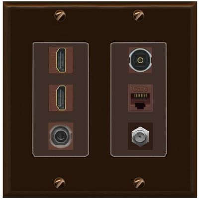 RiteAV 2 Port HDMI 1 Coax CAT6 3.5mm Toslink Jack Wall Plate - 2 Gang [Brown/Brown]