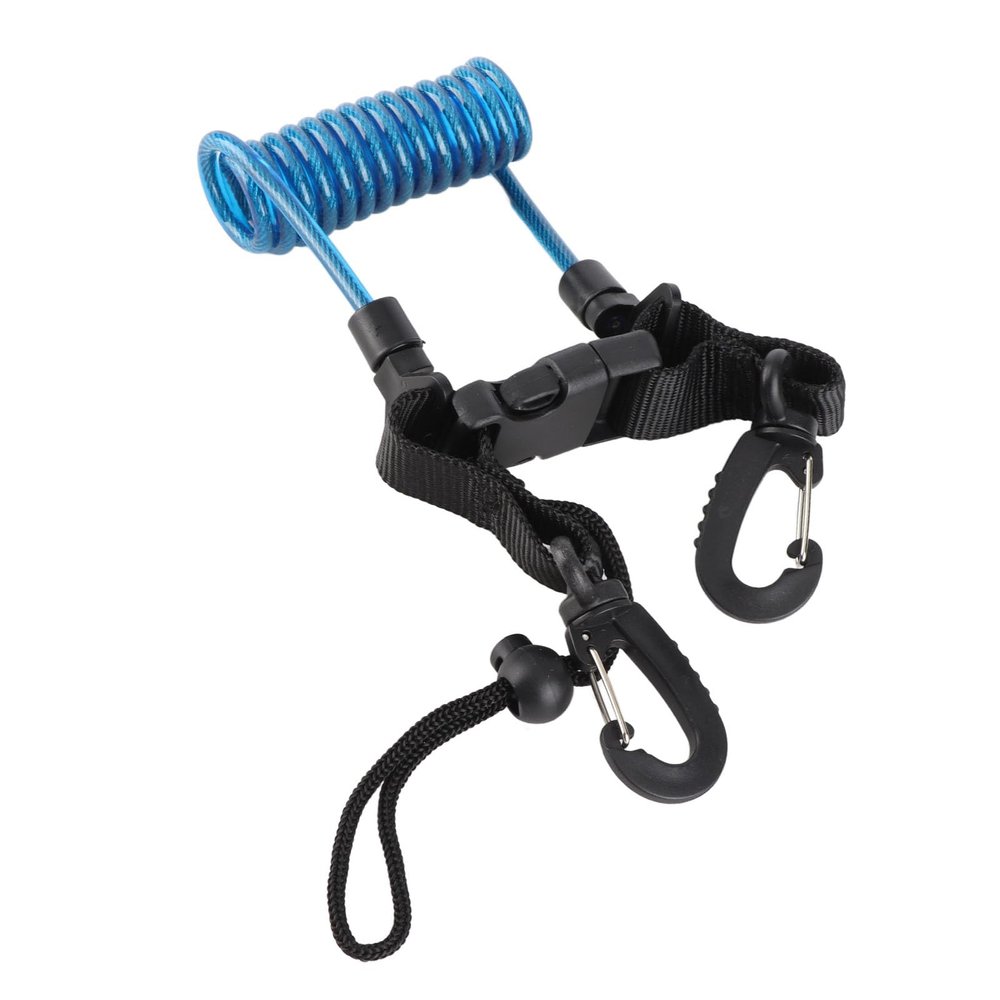Drfeify Diving Coil Lanyard with Dual Hooks, Steel Wire Construction, Quick Release, Blue