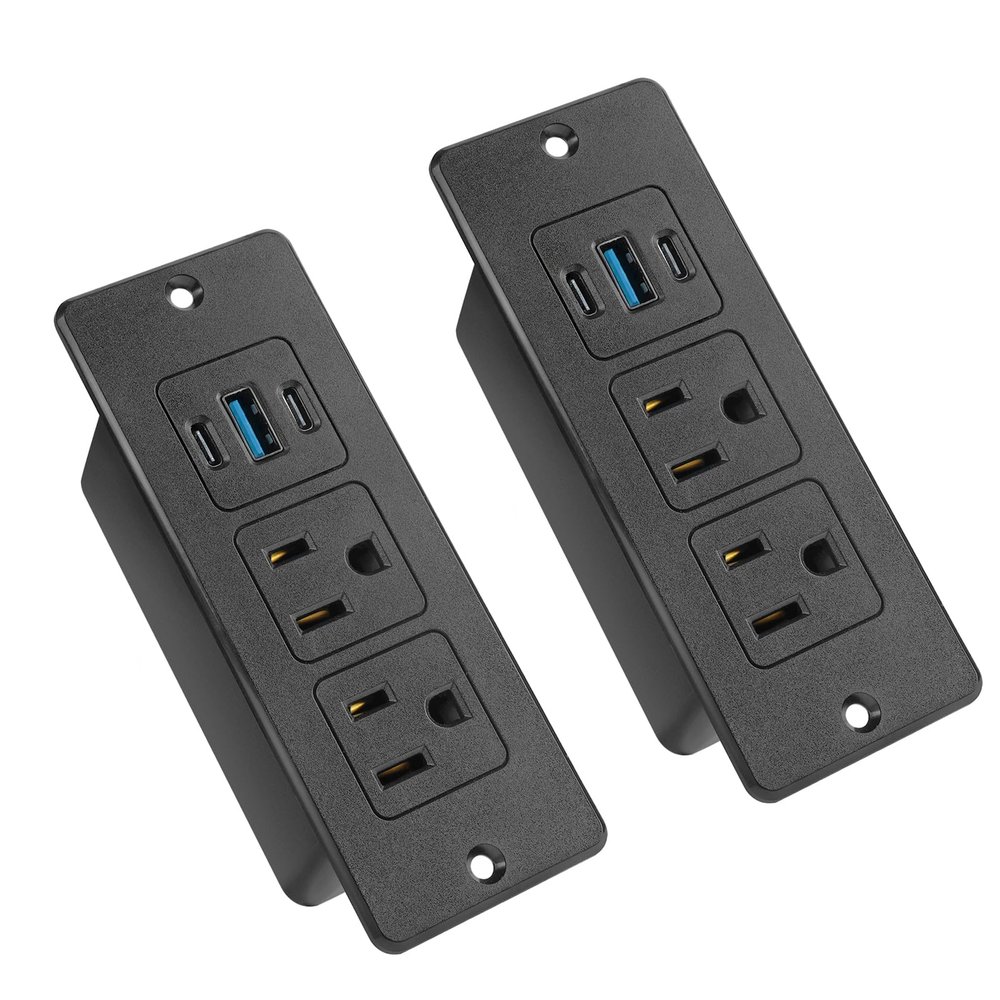 2 Pack Recessed Power Strips USB, 20W Fast Charging Furniture Outlets - 2 AC & 3 USB (2 USB-C + 1 USB-A) for Desk, Bedside, Drawer - Space-Saving, 6FT Cord, Black