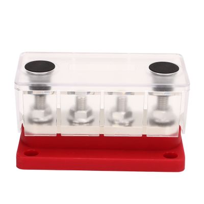 Power Distribution Block M8 Screw 4 Terminal Bus DC 12V 48V 300A Red for Automobile Boat Plated Brass Plate with Detachable Cover Neat Safe Wiring