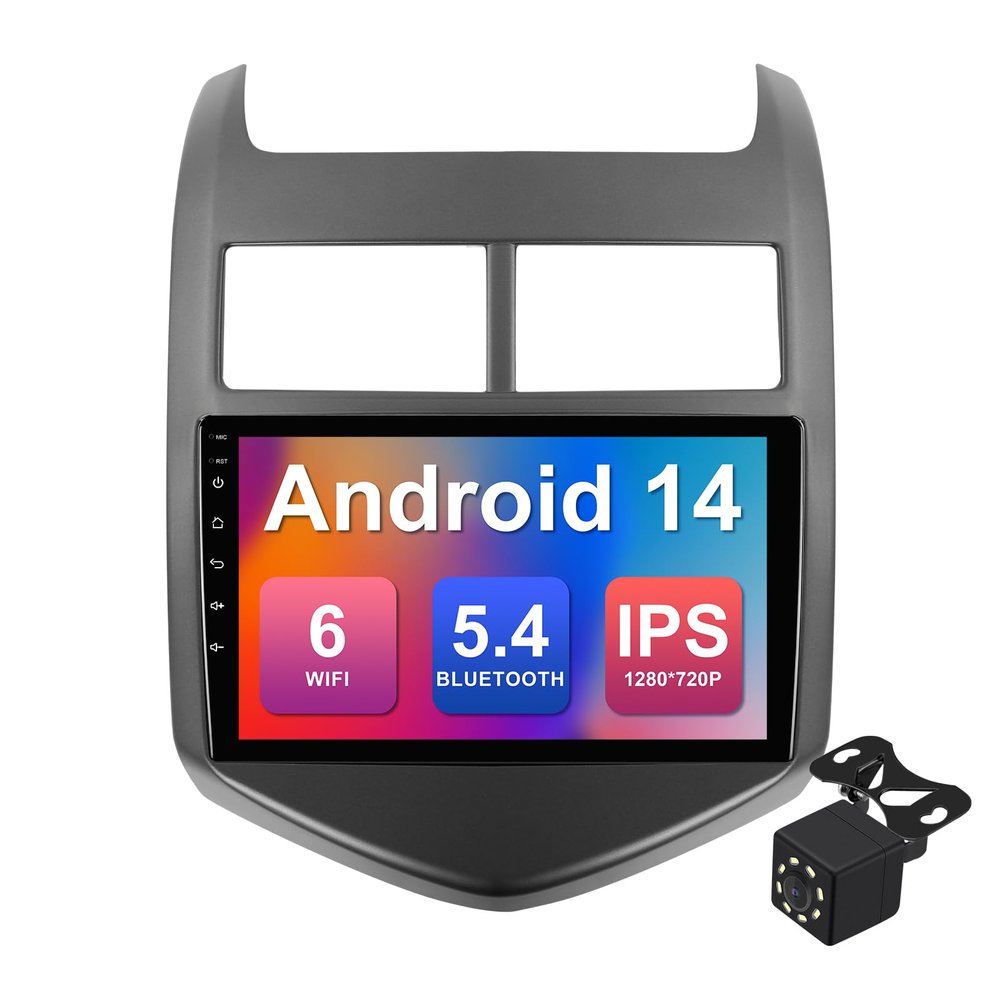 2+64G 9-inch Android 14 Car Stereo for Chevrolet Sonic Aveo 2011-2015 IPS Touchscreen Screen Car Radio with WiFi 6 Carplay & Android Auto Support Backup Camera GPS FM Navi Bluetooth 5.4 SWC