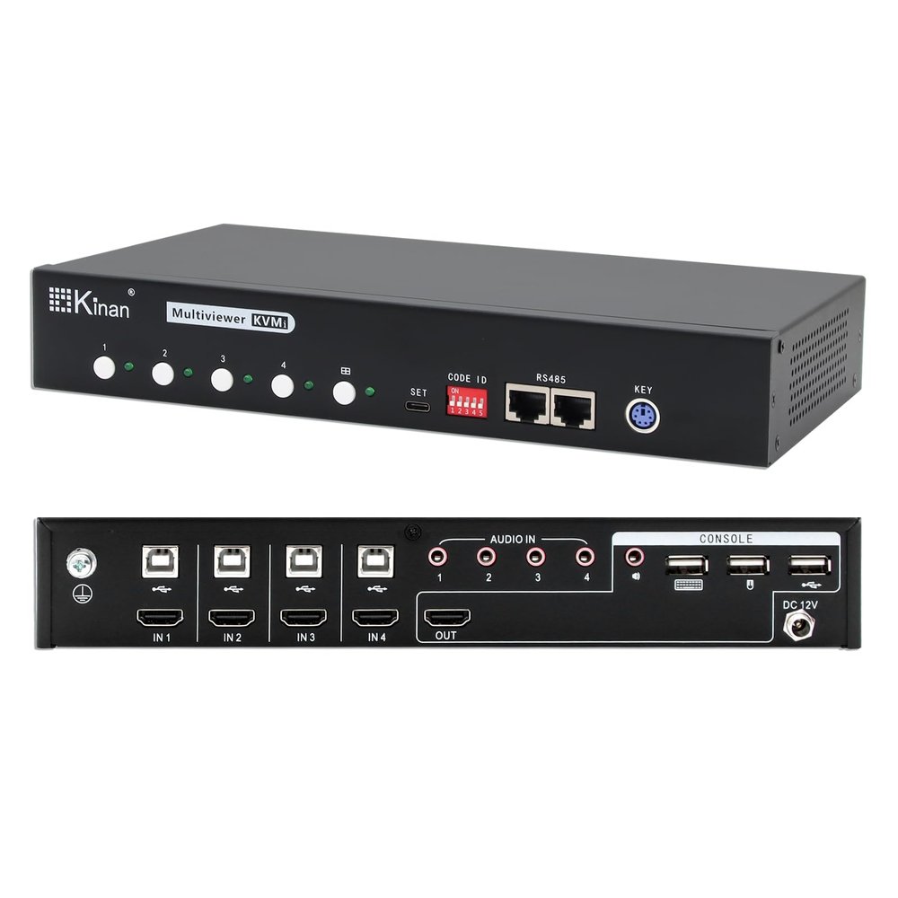 4-Port HDMI Multiviewer KVM Switch 4K@60Hz with Cables, Mouse Roaming Switching, Quad View and Single View Mode Zero-Delay Seamless Switching, USB 2.0 Hub, Cascading, EDID, Plug and Play, KV4MVS1
