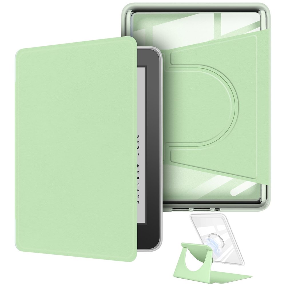 360 Degree Rotating Case for 6" Kindle (11th Generation-2022 Release), Detachable Magnetic Design Protective Adjustable Stand Cover Clear Back with Auto Sleep/Wake, Light Green