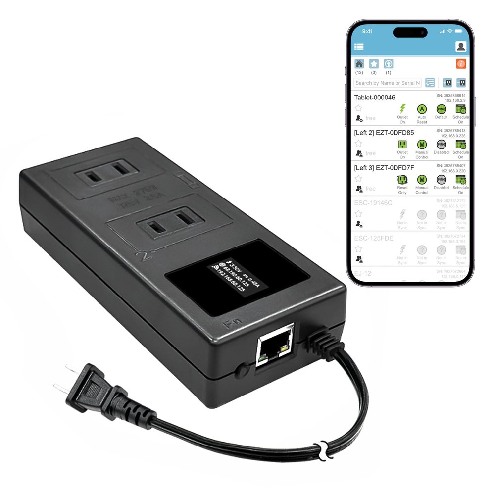 ezOutlet5-2R Smart Power Reset Device with Auto-Reset, 2 NEMA Sockets 2.5A, Wi-Fi & Bluetooth & App Controllable via LAN/Cloud, Router Rebooter, Remote Scheduling for Network Devices.