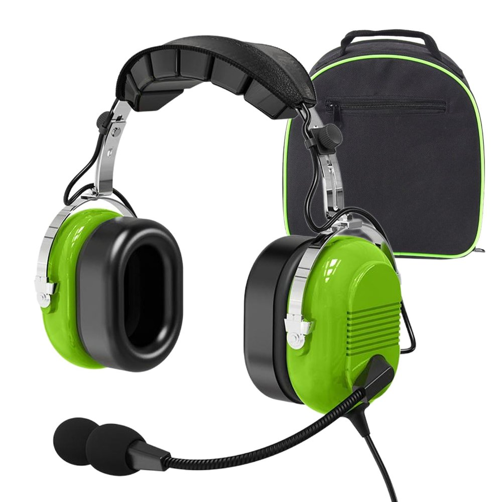WODASEN General Aviation Headset GA Dual Plug Pilot Headsets with Boom Mic Aircraft Airplane Noise Cancelling (Bright-Green)