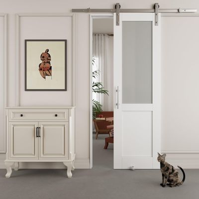 80" H Half Frosted Glass Primed Sliding Barn Door with Nickel-Plated Hardware KitNo Assembly Required30'' x 80''