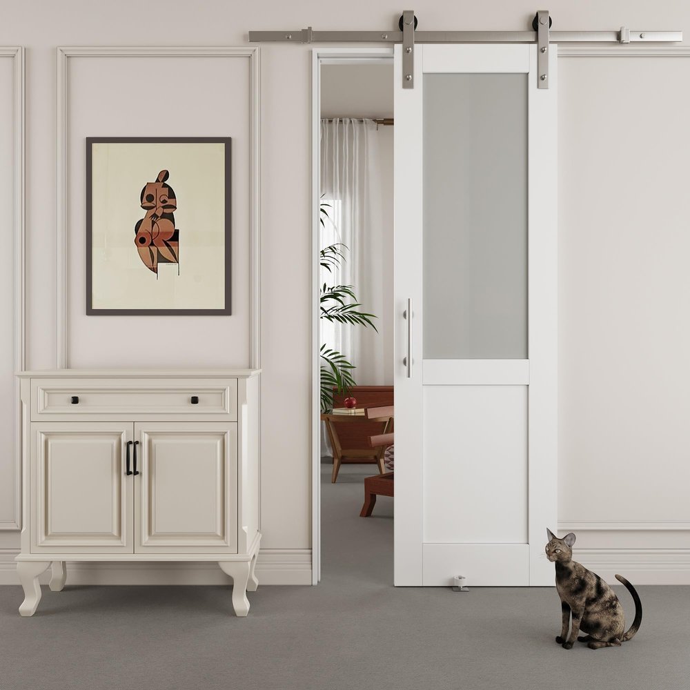 80" H Half Frosted Glass Primed Sliding Barn Door with Nickel-Plated Hardware KitNo Assembly Required30'' x 80''