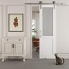 80" H Half Frosted Glass Primed Sliding Barn Door with Nickel-Plated Hardware KitNo Assembly Required30'' x 80'' view 1