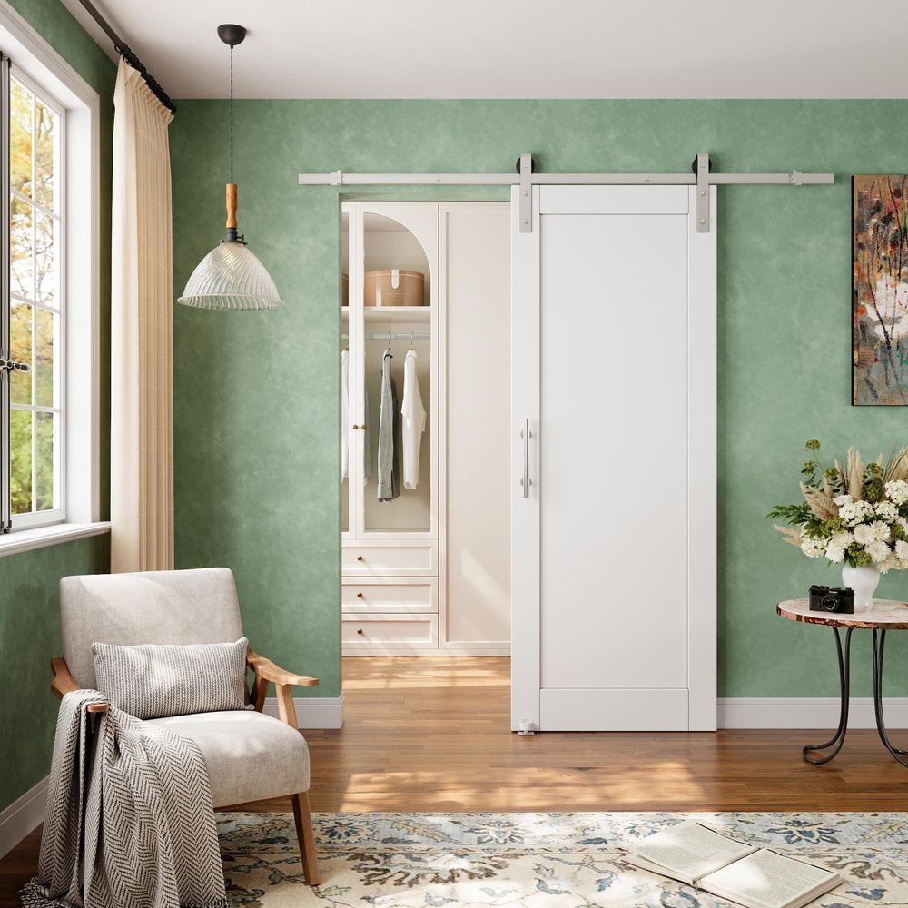 1-Lite White Primed Solid Core Manufactured Wood with Nickel-Plated Installation Hardware Kit Sliding Barn Door(No Assembly Required)32'' x 80''