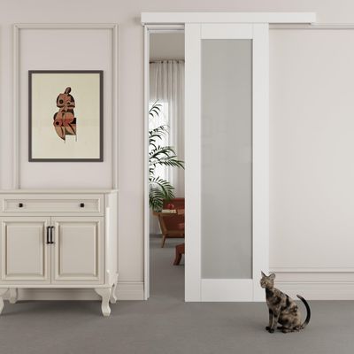 80" Hidden Style Track White Primed 1-Lite Frosted Glass Sliding Barn Door with Hardware KitNo Assembly Required24'' x 80''