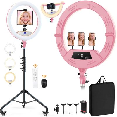 22" Foldable Ring Light with Stand for iPhone ipad, 75" Tripod with Wheels 50W 6500K LED Display/2 USB Ports Large Ringlight Rolling, Tattoo Barber Makeup Studio Video Photography Lighting(Pink)
