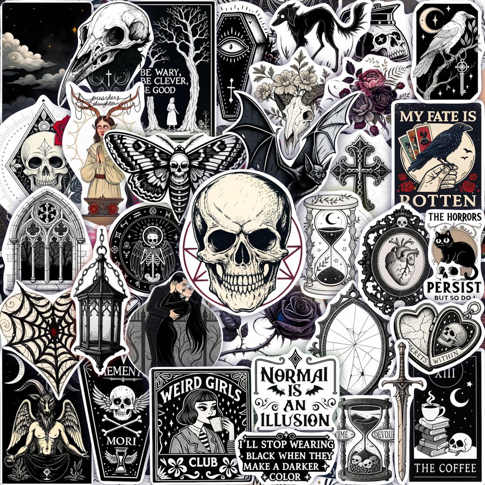 100Pcs Gothic Stickers for Adults, Goth Stickers for Laptop, for Water Bottle - Goth Gifts, Gothic Party Supplies - Death, Scary, Skull Decals - Gift for Women & Men
